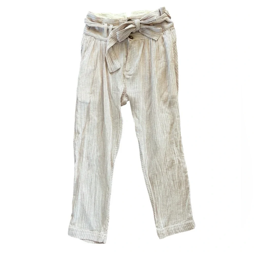 Free People | Women’s amber/cream striped ankle pants, 3 button front, tie belt